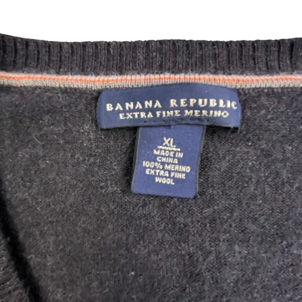 Banana Republic Sweater Mens XL Brown Extra Fine Merino Wool V-Neck Tight Knit